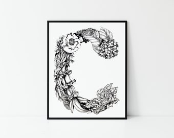 Floral Initial Print,Letter C,Botanical Monogram,Hand colored, Shabby Chic, Classic Unframed Art Print,Pen and Ink floral,