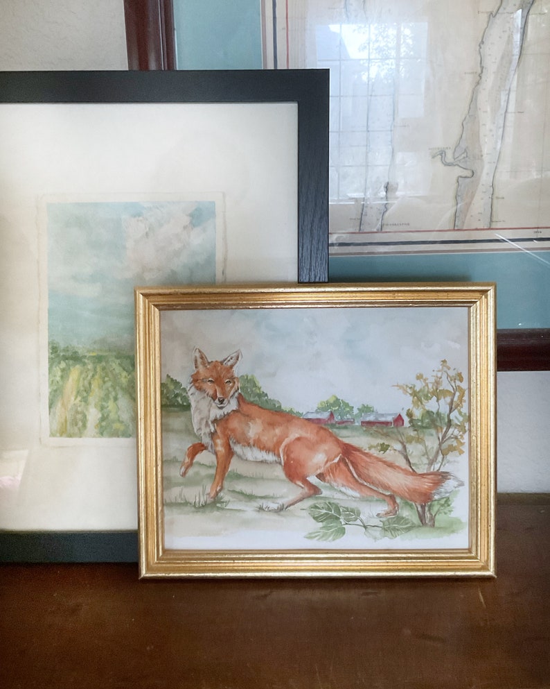 Fox watercolor painting, original art, equestrian art, wild animal artwork, boys room, nursery, farmhouse image 7
