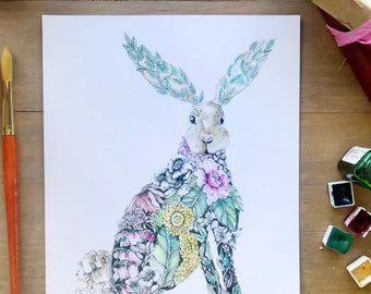 Floral Rabbit Art Print, Hand-Painted Watercolor, Botanical Bunny Illustration