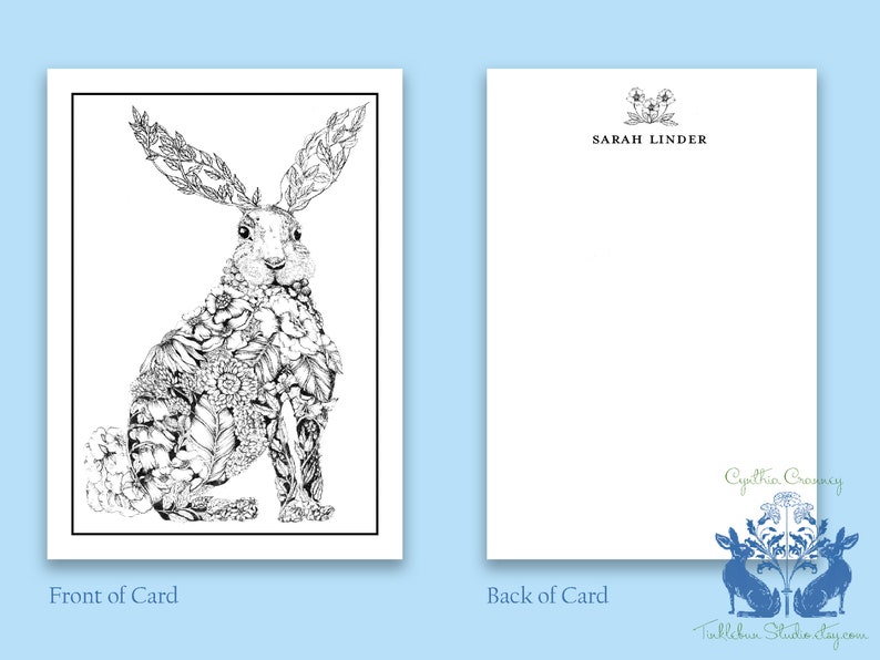 Personalized Stationery, Rabbit illustration, Floral bunny print, custom gift for her, Notecard set, image 2