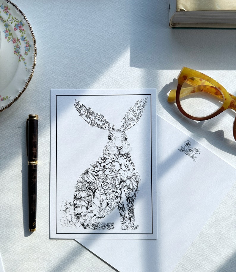 Personalized Stationery, Rabbit illustration, Floral bunny print, custom gift for her, Notecard set, image 3