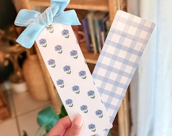 The Khy | Laminated Bow Bookmark | Book Gift | Gingham | Floral Bookmark | Hydrangea | Aesthetic Book Accessories | Handmade Gifts | Blue