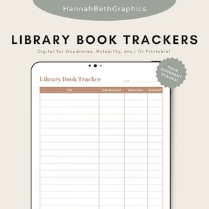 Könnte beinhalten: Ein digitaler Bibliotheks-Buch-Tracker, der auf einem Tablet angezeigt wird. Der Tracker enthält Felder für Titel, Ausleihdatum, Rückgabedatum und Rückgabestatus. Der Text lautet "Library Book Trackers" und "Digital for Goodnotes, Notability, etc. Or Printable!"