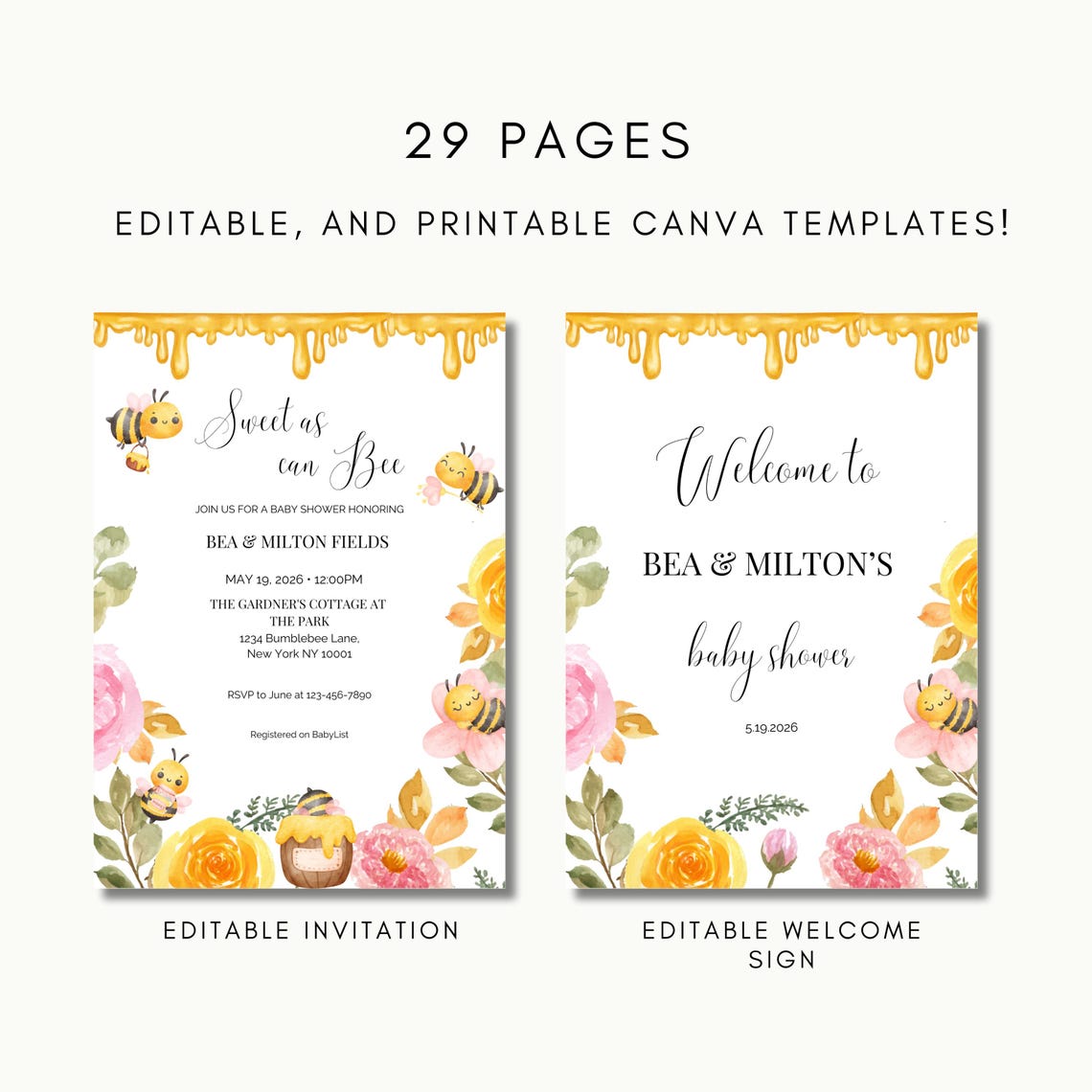 Bumble Bee Baby Shower Bundle | Editable Canva Templates With ...