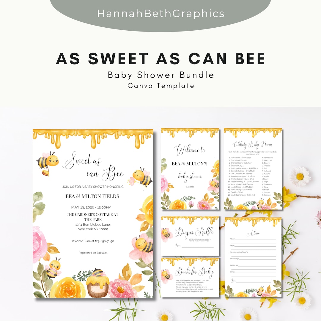 Bumble Bee Baby Shower Bundle | Editable Canva Templates With ...