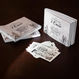 May include: A stack of books and a pile of postcards featuring the text "LE DOMAINE de l'Encre" and architectural illustrations. The books and postcards are white with black ink drawings. The image is on a dark brown surface.