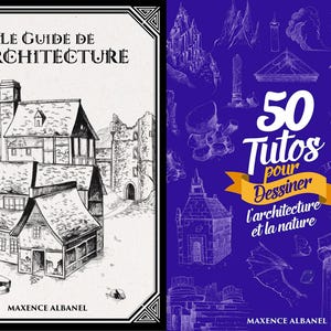 Peut inclure: Deux livres côte à côte. Le livre de gauche présente une illustration en noir et blanc de bâtiments et le texte "LE GUIDE DE L'ARCHITECTURE". Le livre de droite a un fond bleu avec des croquis architecturaux et le texte "50 Tutos pour Dessiner l'architecture et la nature".