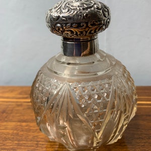 Antique Rare Large hobnail cut glass Sterling silver lid Perfume/ Dressing table bottle 1907 by William Hutton and Sons Limited