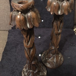 Antique Exceptionally Rare Superb quality  Black Forest hand carved Wooden Candleholders