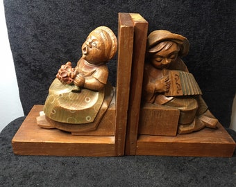 Antique Art Deco Black Forest carved wooden Bavarian Couple Bookend