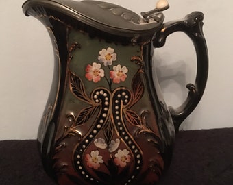 アンティーク ジャックフィールド 黒釉陶器 水差し：ピューター蓋付き