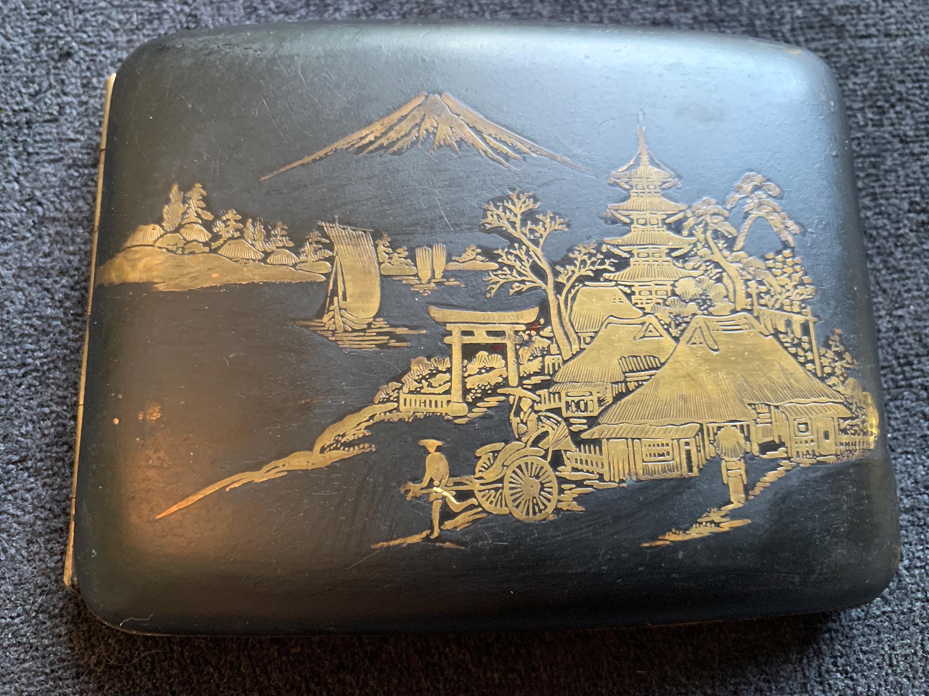 Vintage Japanese Damascene Cigarette Case Landscape With Village