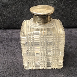 Antique Hobnail glass with  Sterling silver Lid with Flower and acanthus leave decoration  Scent / Dressing table bottle