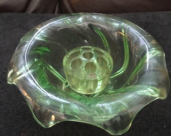 Vintage Green Glass Vase / bowl with original green glass flower frog