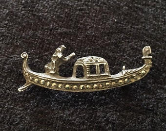 Broche Ancienne En Argent Massif 800 - Motif Gondole/Gondolier Avec Marcassites - Très Bon État