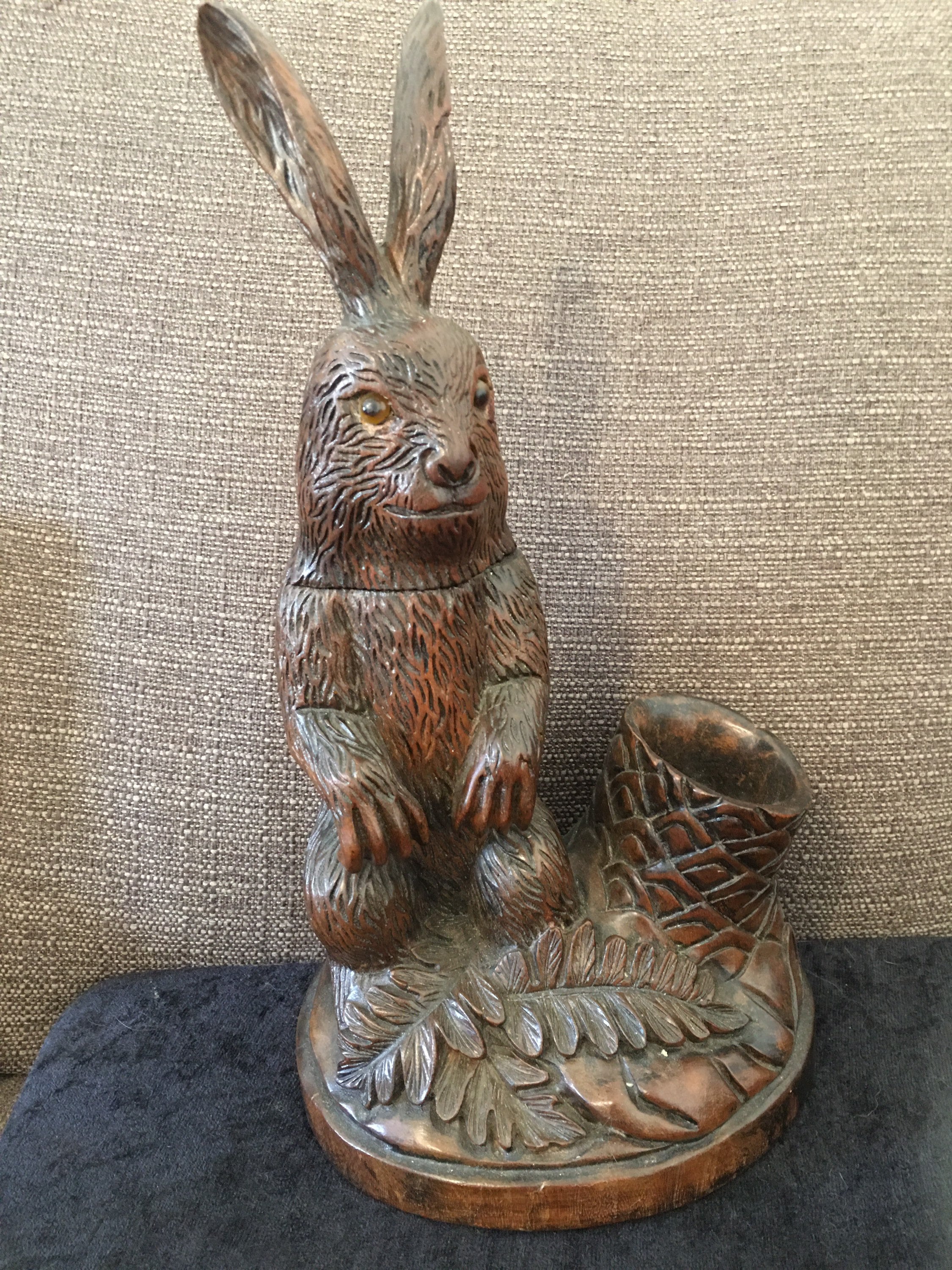 Very Very Rare Antique Black Forest Carved Wooden Rabbit Tobacco