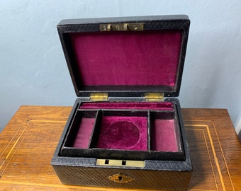 Antique Black Victorian Ladies Leather and Wooden Jewellery box Velvet Lined stunning condition