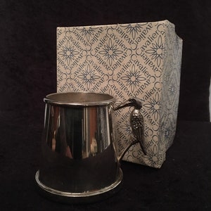 Vintage Cavalier Silver plated Christening tankard featuring a Stork as the handle