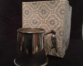 Vintage Cavalier Silver plated Christening tankard featuring a Stork as the handle
