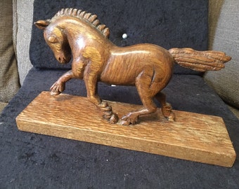 Vintage Carved Wooden Running Horse on Stand