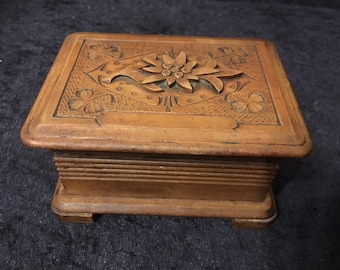 Early Antique Black Forest hand carved wooden Jewllery box gorgeous colour