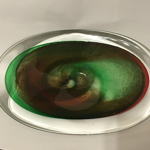 Vintage Art glass Green / Red / Brown and Clear Ashtray Trinket Dish