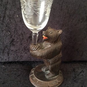 Antique Black Forest carved wooden Bear with glass Engraved Tulip glass