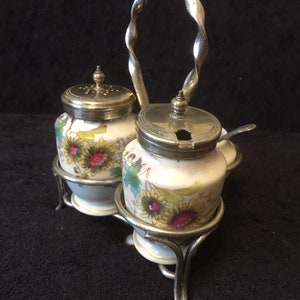 1920s Silver plated and Porcelain Condiment / Cruet set