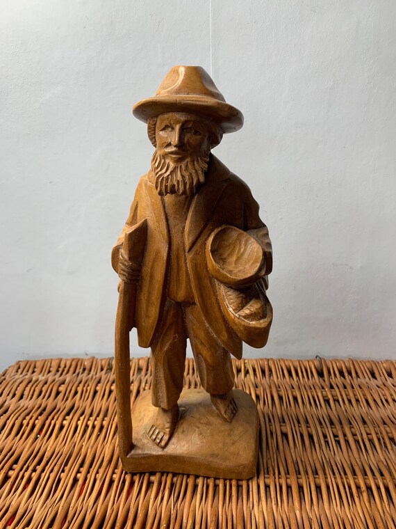 Vintage Handcarved Wooden Old Man With Bag and Walking Stick - Etsy