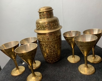 Vintage Rare set of Brass Enameled Cocktail Shaker and Glasses