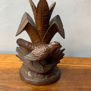 Antique Rare Superb quality  Black Forest hand carved Wooden Candleholder with a Bird on a Nest