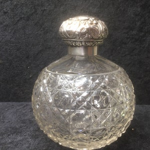 Antique Rare extra Large Chester hobnail  cut glass Sterling silver lid Perfume/ Dressing table bottle 1900