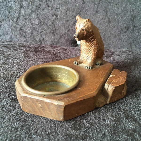 Antique Black Forest Carved Bear Brass Ashtray and match box holder