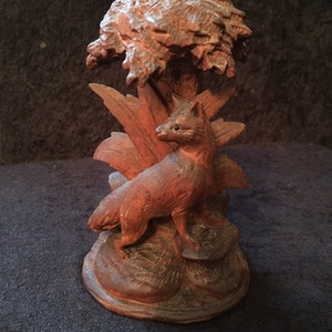 Antique Rare Superb quality  Black Forest hand carved Wooden Candleholder with a Fox under tree