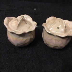 Könnte beinhalten: Ein Set aus zwei Salz- und Pfefferstreuern aus Keramik in Form von Kohlköpfen. Die Streuer sind hellrosa mit glänzender Oberfläche.
