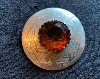 Vintage EPNS engraved Thistle fly plaid Brooch with Facetted centre stone