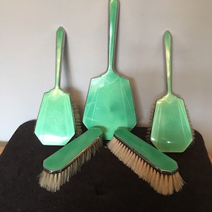 Stunning Antique Art Deco guilloche enamel green mirror dressing table Mirror and Brush set