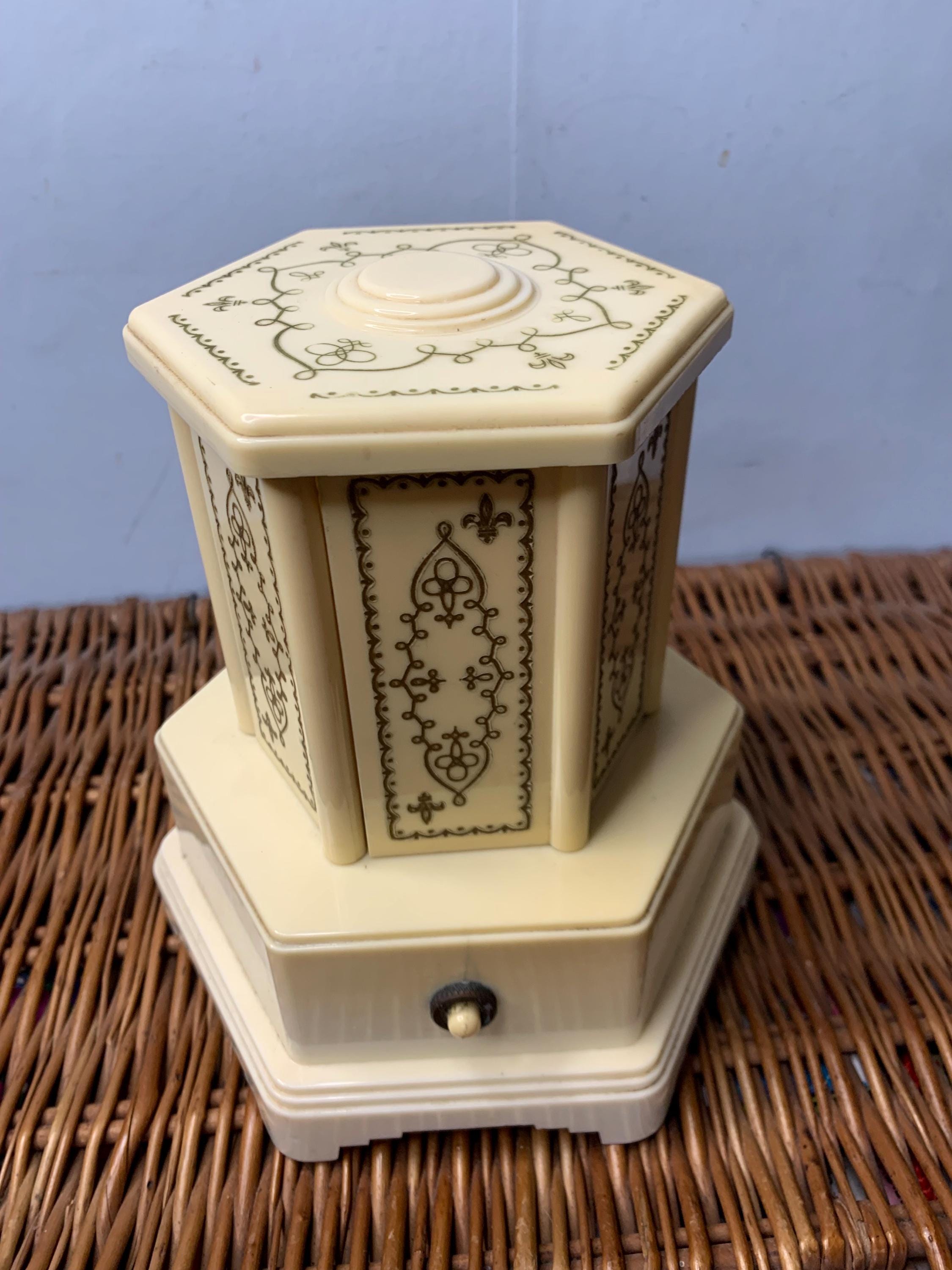 selcol musical cigarette dispenser Vintage Selcol Plastic Carousel With Reuge Movement 1940/1950's Music Box / Cigarette  Dispenser / Jewellery Box With Dancing Lady