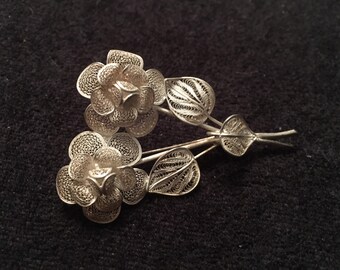 Broche Ancienne En Filigrane Argent 800‰ - Motif Orchidée, Vintage