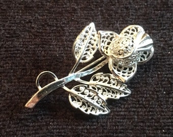 Spun Silver Filigree Rose Flower Brooch, 925 Sterling, Signed FAS