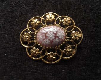 Broche Vintage Aux Chardons - Cabochon Millefiori En Verre, Métal Argenté - Bijou Ancien Occasion
