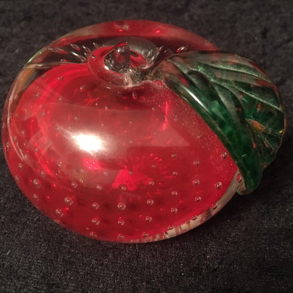 Vintage Cranberry Red Bubble Art glass Apple Paperweight