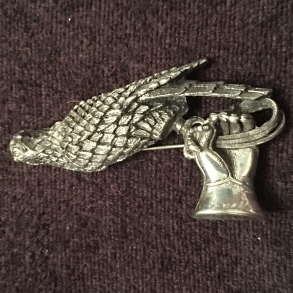 Vintage white Metal tortolami hawk brooch