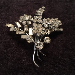Vintage Silver tone Floral Sprig Brooch with Faux Diamond stones