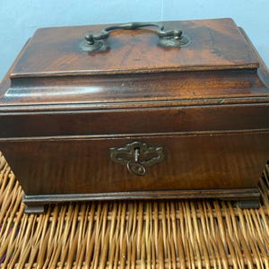 Antique Victorian Veneered Caddy with  Escutcheon and key