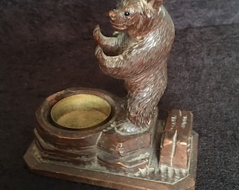 Larger Antique Black Forest Carved Bear pipe stand Brass Ashtray and match box holder
