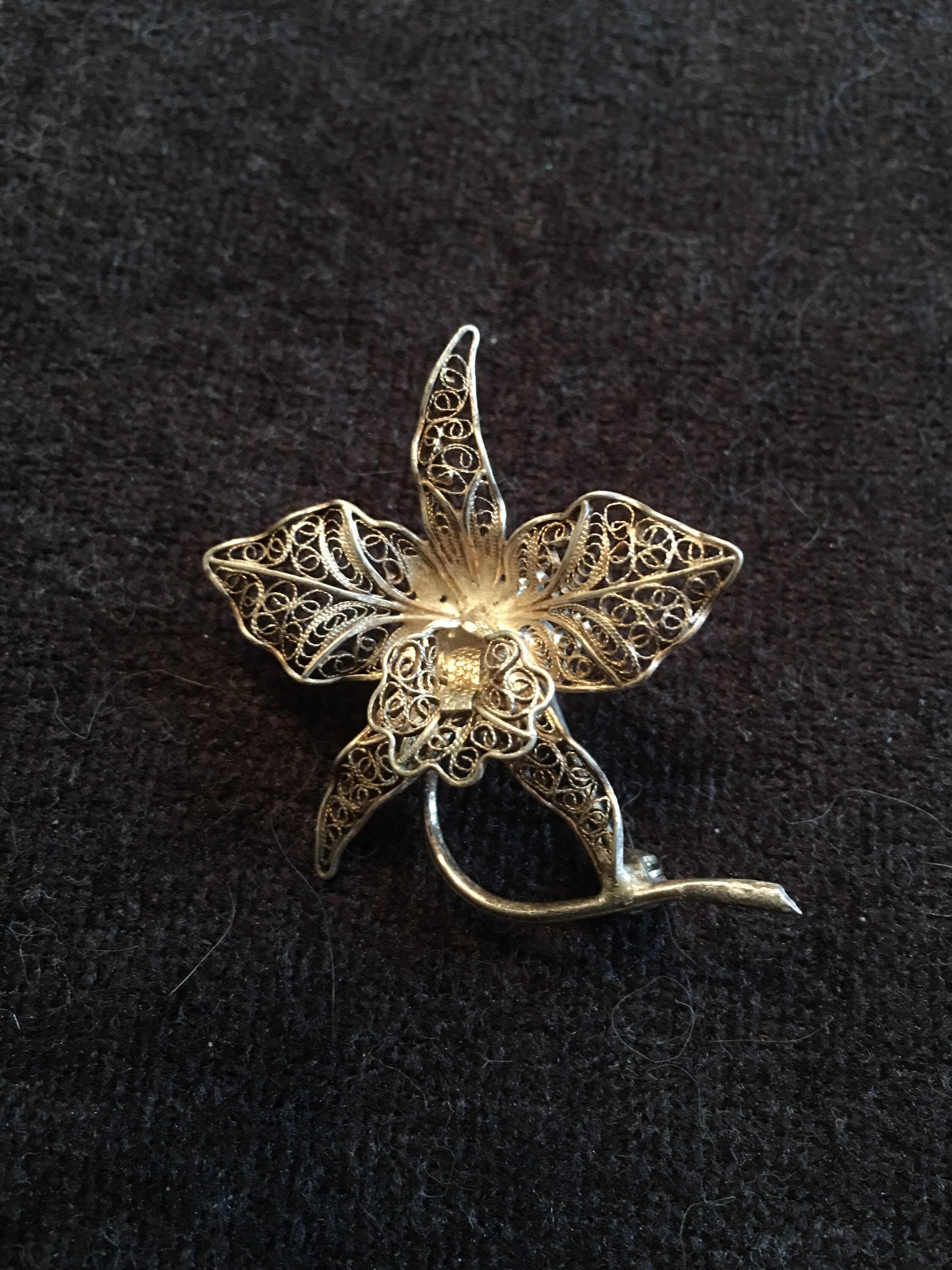 Broche Vintage Ethnique Afrique – Orchidée Filigranée En Argent Massif, Occasion