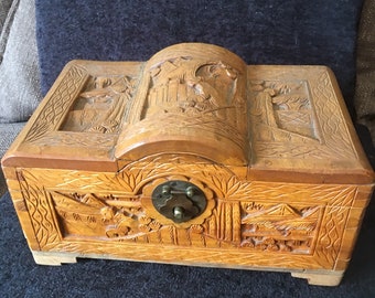 Vintage Japanese domed hand caved Jewellery Box with Rural / Farm and Japanese Junk boat scenes