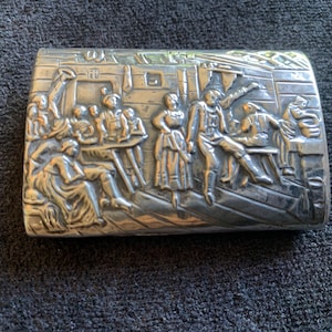 Antique German Continental 830 Solid silver Vesta / Snuff box by WJ with Pub scene