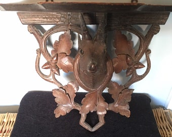 Very Rare Large Antique Black Forest carved wooden shelf with Mountain Goat  head and Oak leaves and acorns